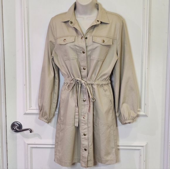 LOFT Beige Snap Front Closure Long Sleeve Shirt Dress,Medium Petite,NWT - Picture 14 of 16